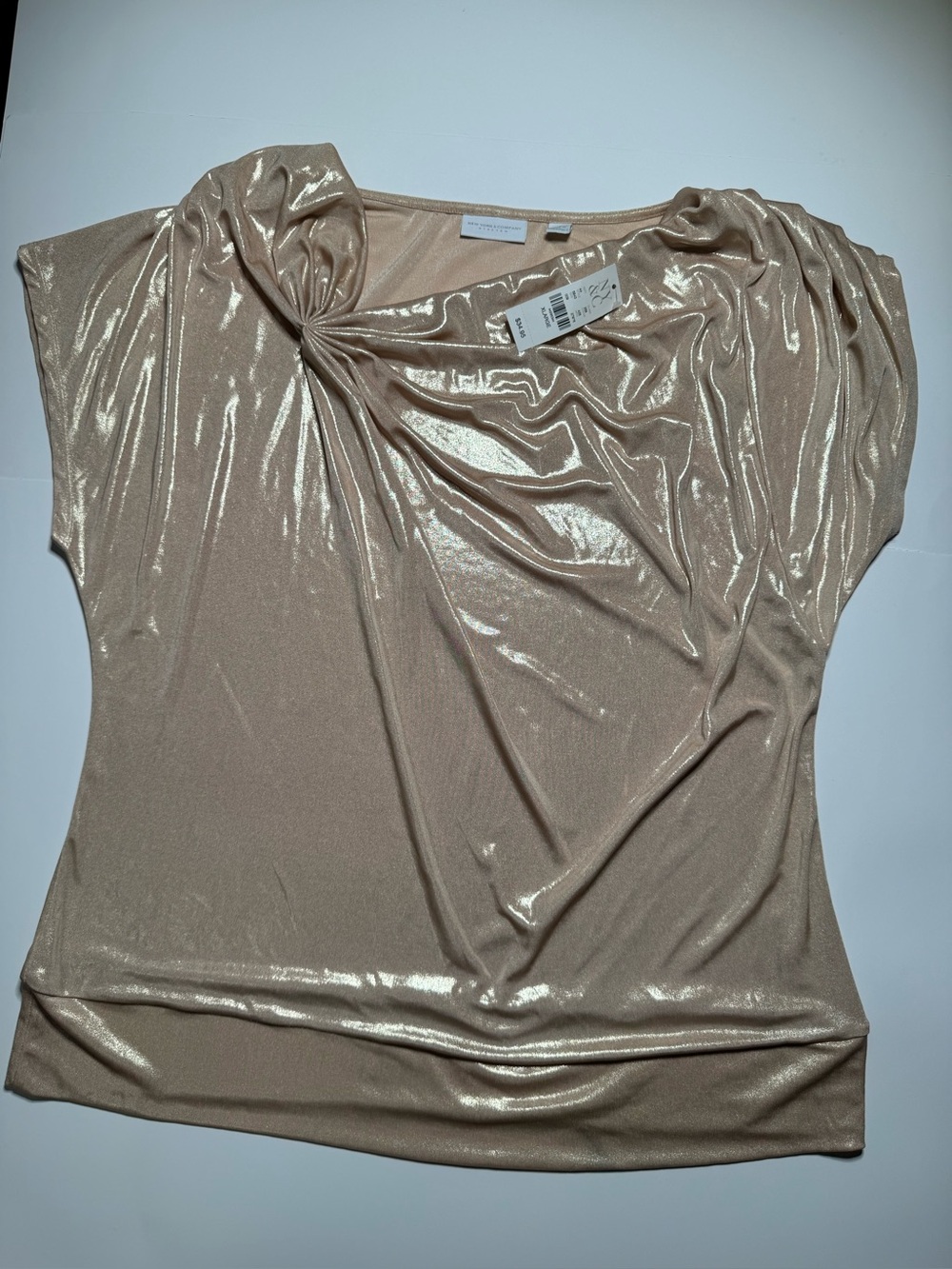 NWT New York & Company metallic gold blouse with a draped scoop neck - Picture 1 of 5